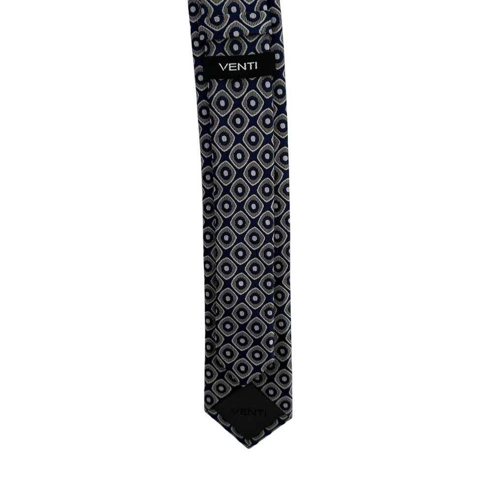 Venti Mens Silk Necktie Navy Blue Grey Geometric Medallion Skinny Tie 60x2.5